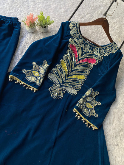 2026 Exclusive Velvet Embroidered Co-Ord Set for Women | Premium Winter Top & Plazzo with Sequin Work