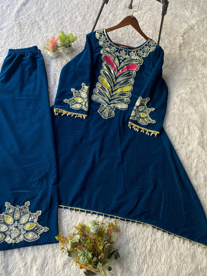 2026 Exclusive Velvet Embroidered Co-Ord Set for Women | Premium Winter Top & Plazzo with Sequin Work
