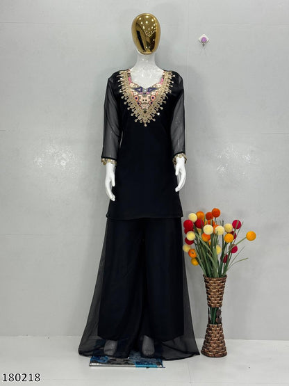 Party Wear Blouse Suit Set with Heavy Tebby Organza | Embroidered Top, Printed Blouse & Palazzo