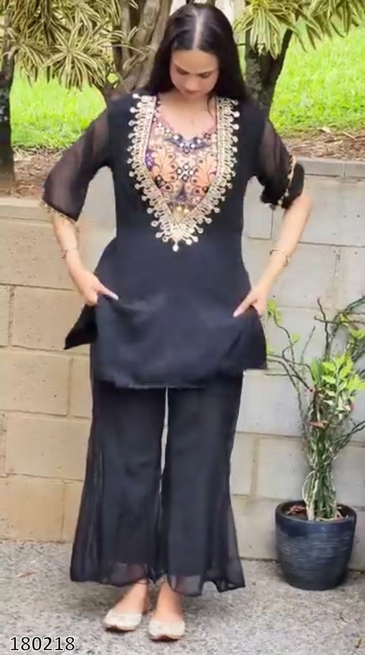 Party Wear Blouse Suit Set with Heavy Tebby Organza | Embroidered Top, Printed Blouse & Palazzo