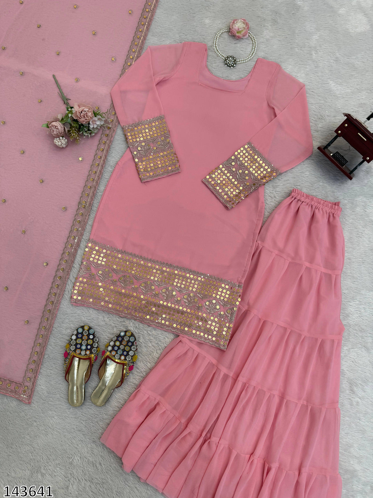 Designer Fox Georgette Top Sharara &amp; Dupatta Set | Heavy 9mm Sequin Embroidery – Ready to Wear