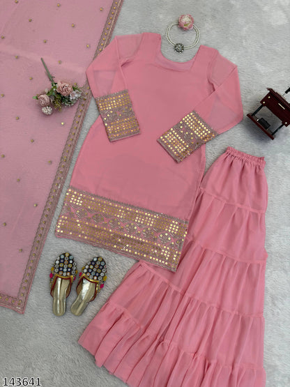 Designer Fox Georgette Top Sharara &amp; Dupatta Set | Heavy 9mm Sequin Embroidery – Ready to Wear
