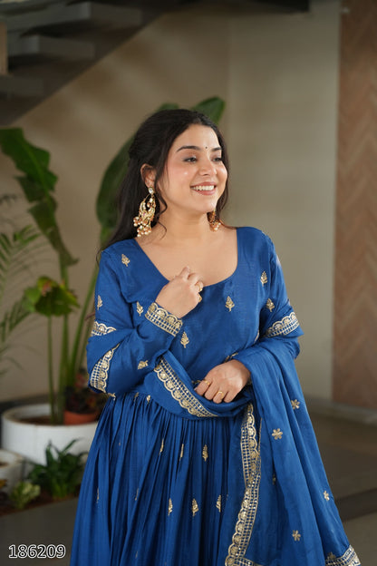 Premium Designer Chinnon Embroidered Gown with Dupatta | Zari & Sequin Work – Ready to Wear