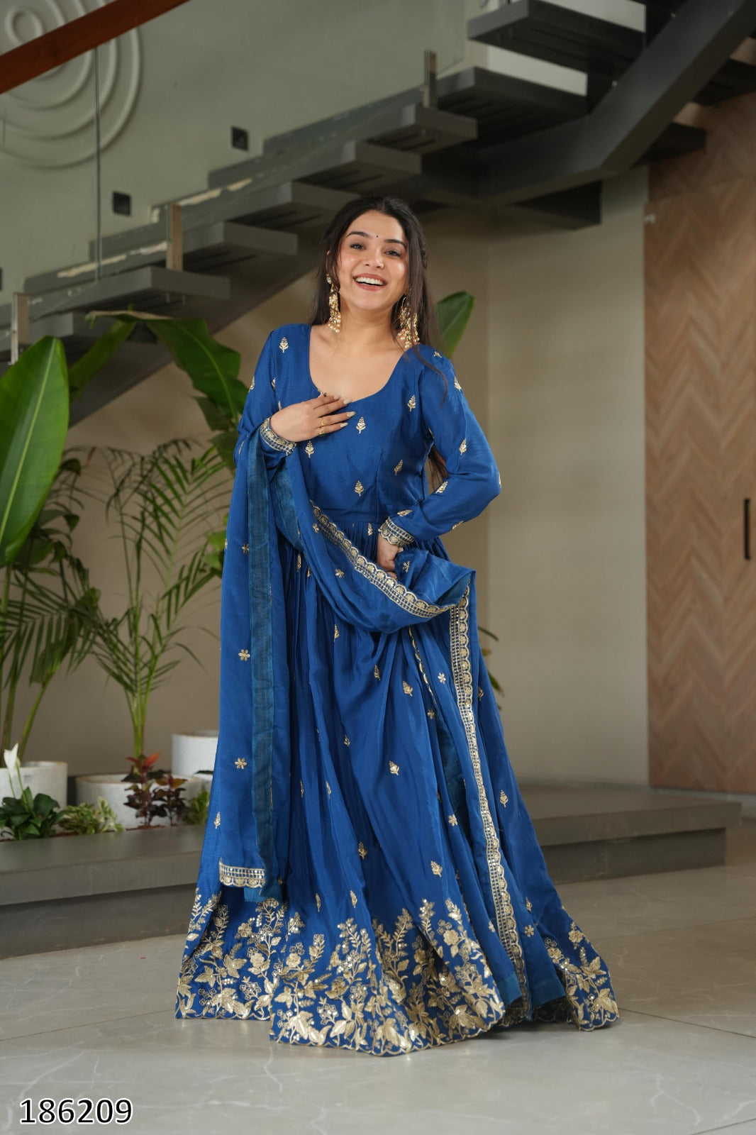 Premium Designer Chinnon Embroidered Gown with Dupatta | Zari & Sequin Work – Ready to Wear