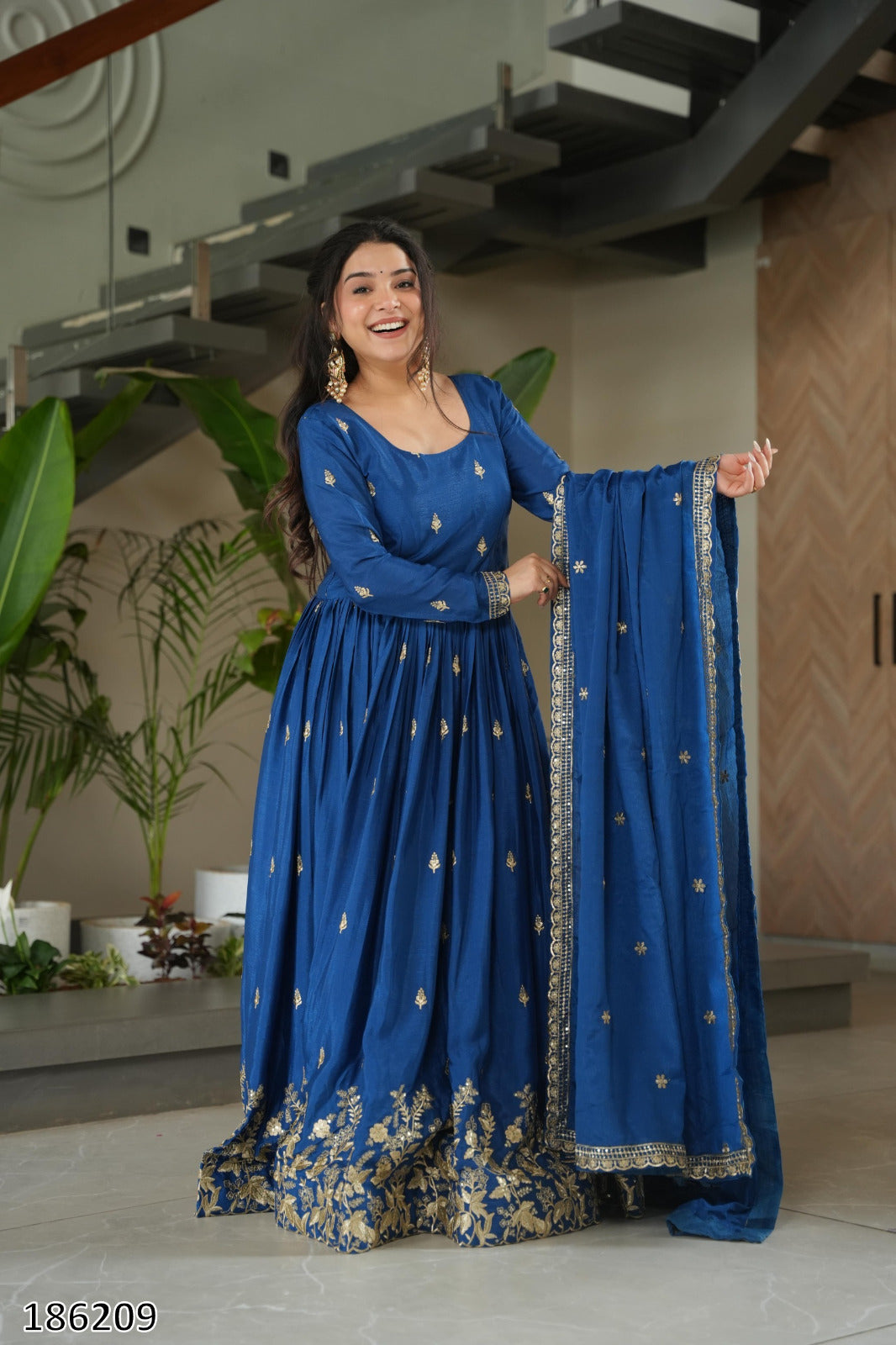 Premium Designer Chinnon Embroidered Gown with Dupatta | Zari & Sequin Work – Ready to Wear