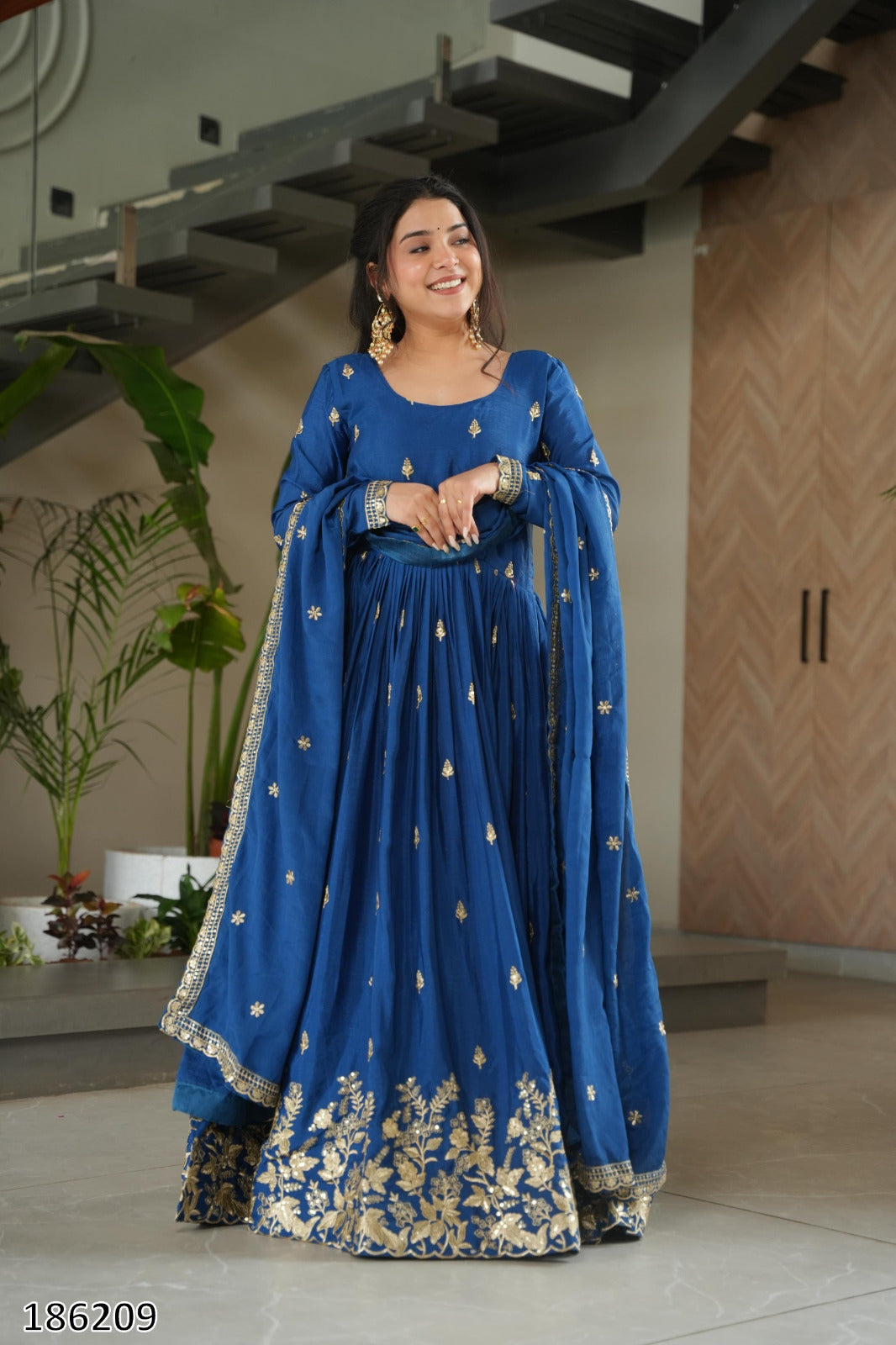 Premium Designer Chinnon Embroidered Gown with Dupatta | Zari & Sequin Work – Ready to Wear