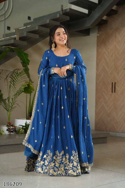 Premium Designer Chinnon Embroidered Gown with Dupatta | Zari & Sequin Work – Ready to Wear
