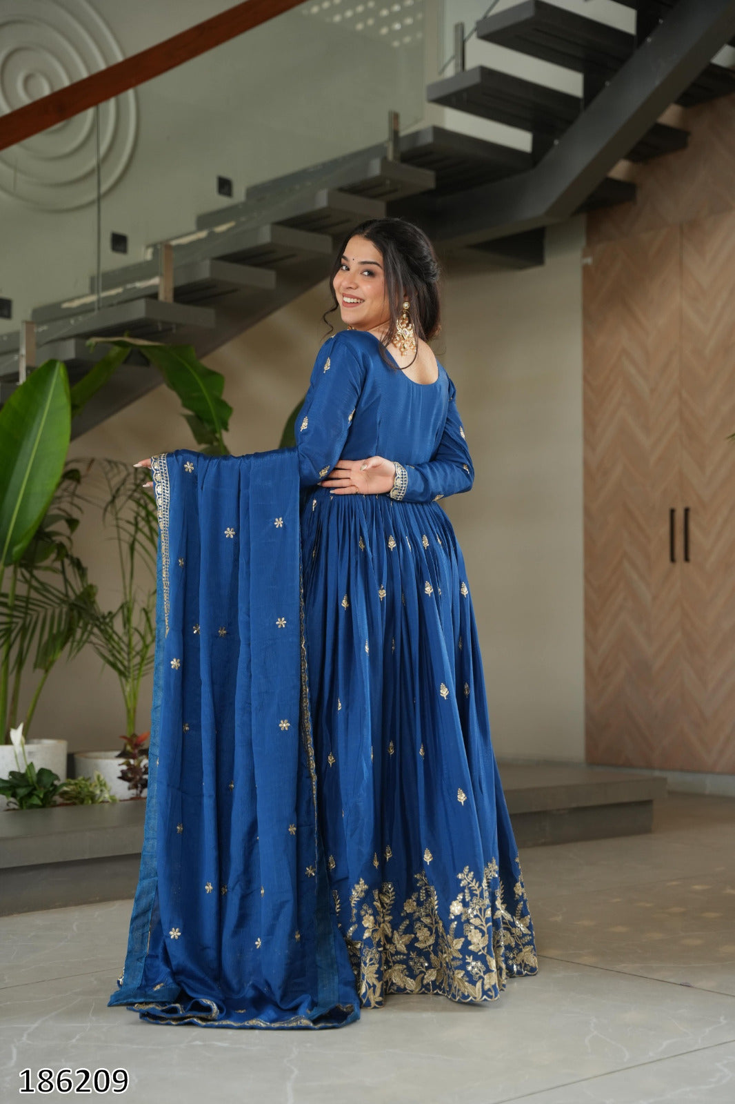 Premium Designer Chinnon Embroidered Gown with Dupatta | Zari & Sequin Work – Ready to Wear