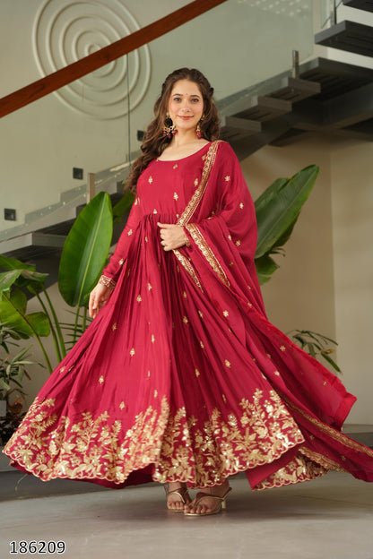 Premium Designer Chinnon Embroidered Gown with Dupatta | Zari & Sequin Work – Ready to Wear