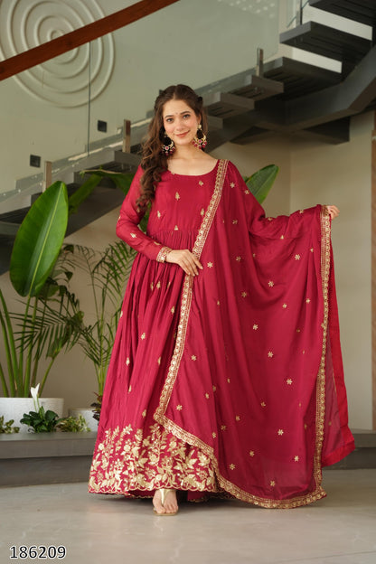 Premium Designer Chinnon Embroidered Gown with Dupatta | Zari & Sequin Work – Ready to Wear