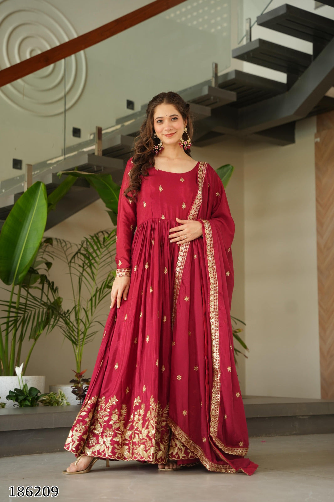 Premium Designer Chinnon Embroidered Gown with Dupatta | Zari & Sequin Work – Ready to Wear