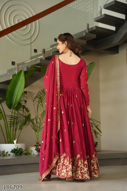 Premium Designer Chinnon Embroidered Gown with Dupatta | Zari & Sequin Work – Ready to Wear