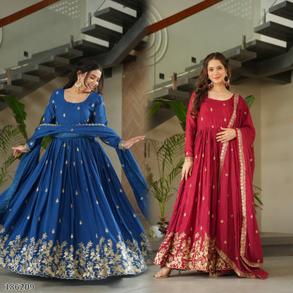 Premium Designer Chinnon Embroidered Gown with Dupatta | Zari & Sequin Work – Ready to Wear
