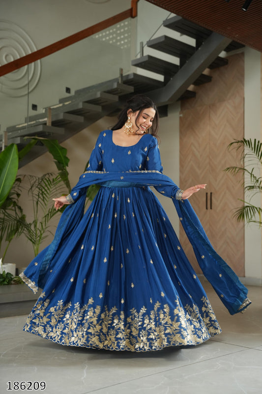Premium Designer Chinnon Embroidered Gown with Dupatta | Zari & Sequin Work – Ready to Wear