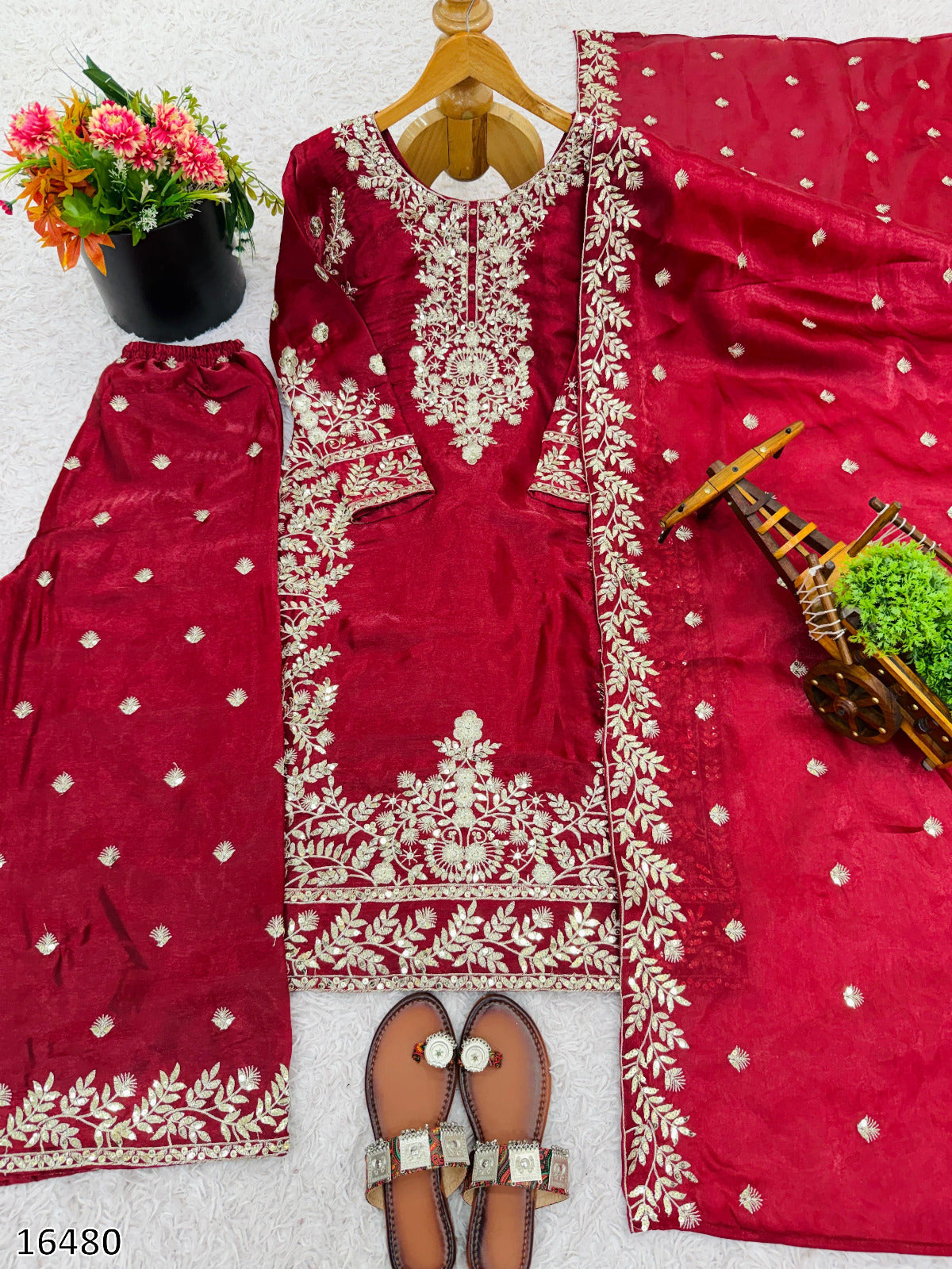 Designer GMY Silk Embroidered Top Plazzo Dupatta Set | Heavy Sequin Work | Ready-to-Wear Ethnic Party Wear