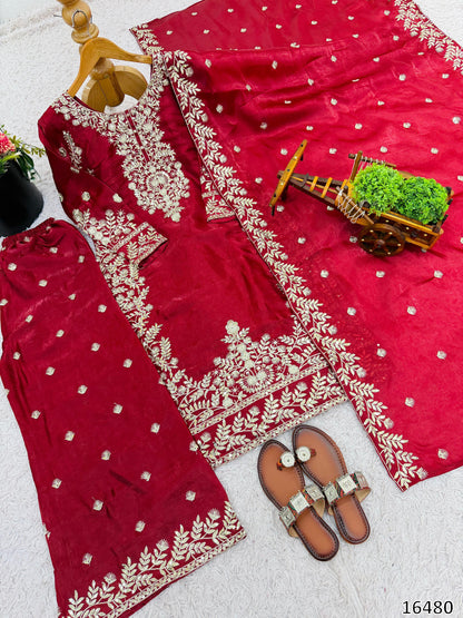 Designer GMY Silk Embroidered Top Plazzo Dupatta Set | Heavy Sequin Work | Ready-to-Wear Ethnic Party Wear