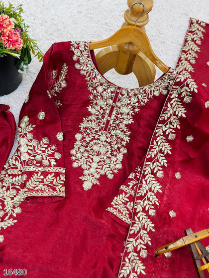 Designer GMY Silk Embroidered Top Plazzo Dupatta Set | Heavy Sequin Work | Ready-to-Wear Ethnic Party Wear