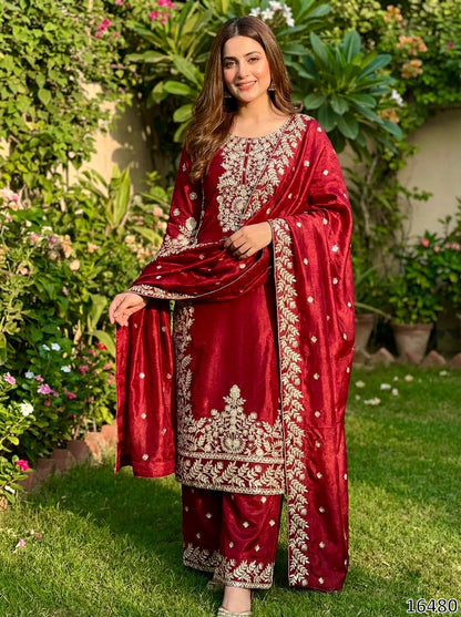 Designer GMY Silk Embroidered Top Plazzo Dupatta Set | Heavy Sequin Work | Ready-to-Wear Ethnic Party Wear