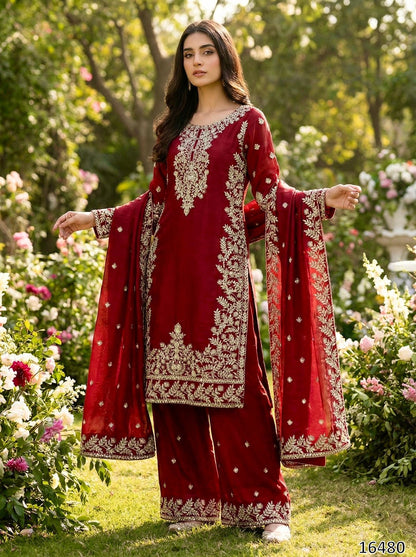 Designer GMY Silk Embroidered Top Plazzo Dupatta Set | Heavy Sequin Work | Ready-to-Wear Ethnic Party Wear