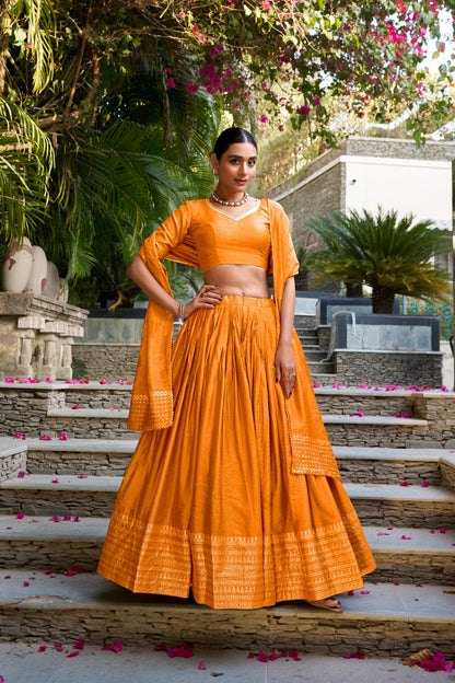 Pure Chanderi Lehenga Choli Set with Zari Border & Sequin Dupatta | Lightweight Festive Wear