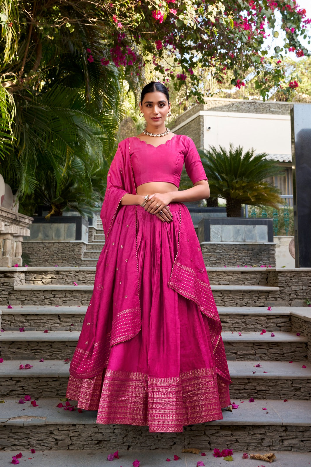 Pure Chanderi Lehenga Choli Set with Zari Border & Sequin Dupatta | Lightweight Festive Wear