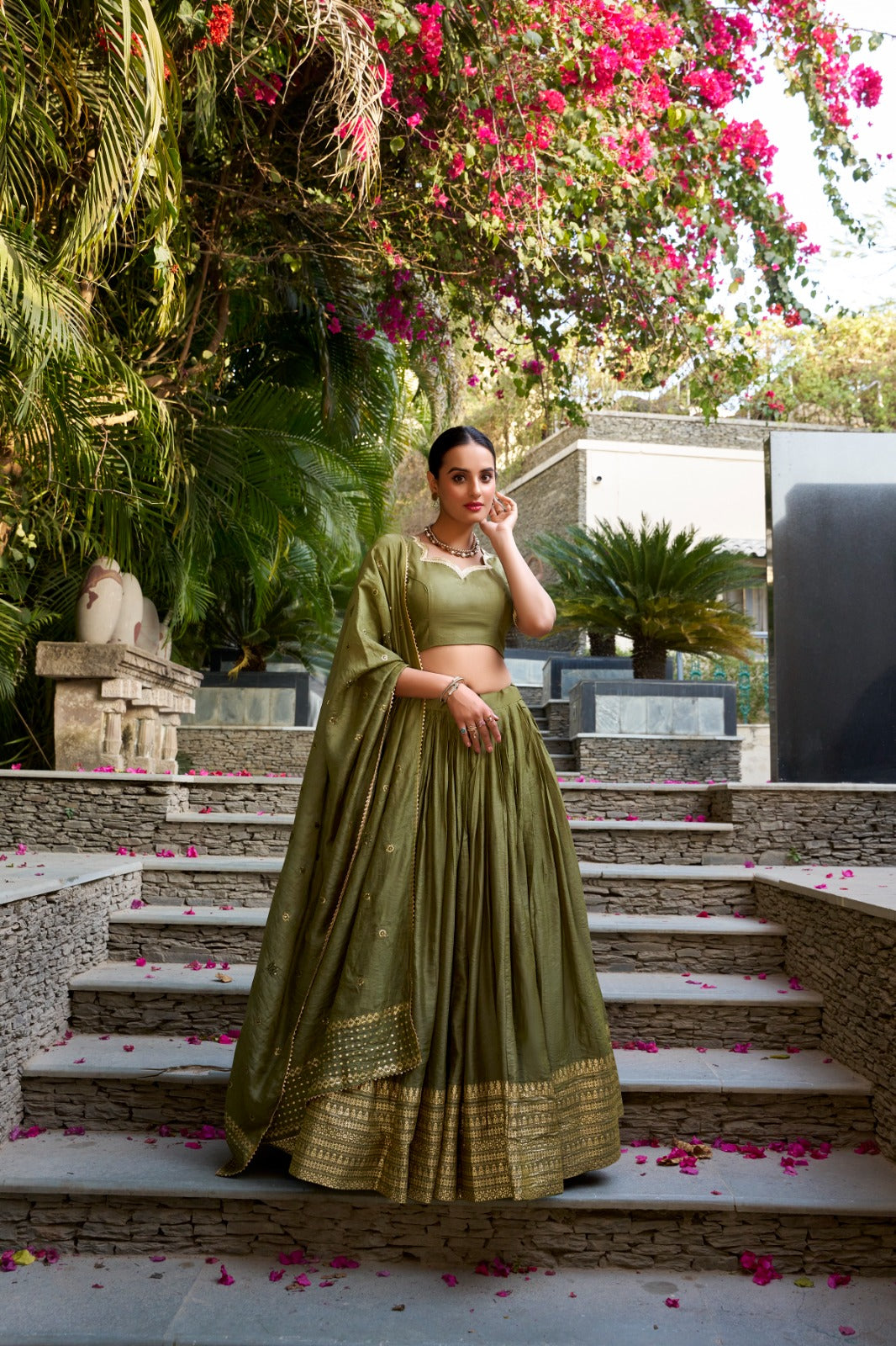 Pure Chanderi Lehenga Choli Set with Zari Border & Sequin Dupatta | Lightweight Festive Wear