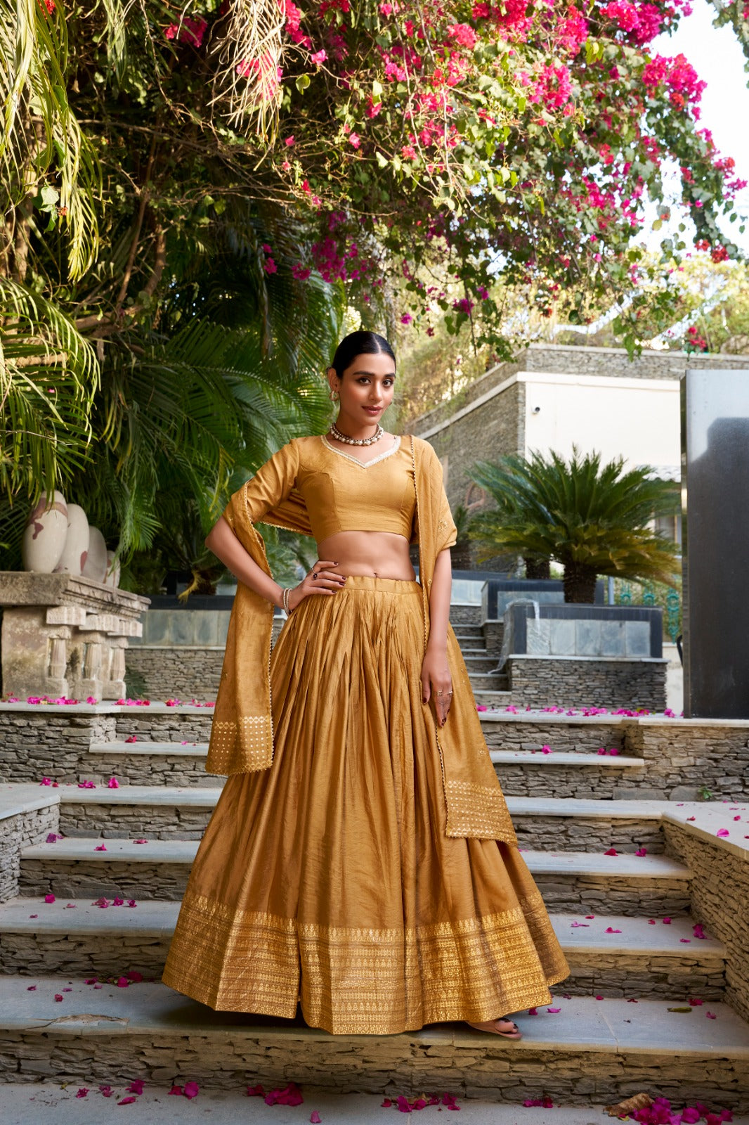 Pure Chanderi Lehenga Choli Set with Zari Border & Sequin Dupatta | Lightweight Festive Wear