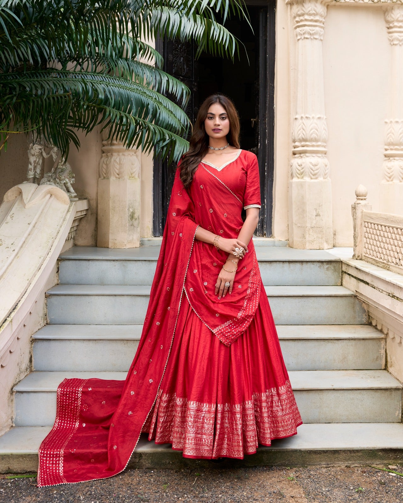 Pure Chanderi Lehenga Choli Set with Zari Border & Sequin Dupatta | Lightweight Festive Wear