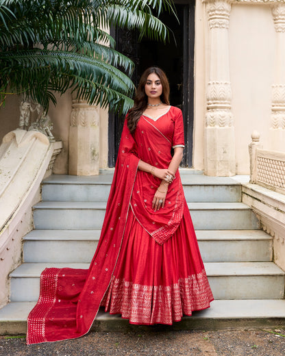 Pure Chanderi Lehenga Choli Set with Zari Border & Sequin Dupatta | Lightweight Festive Wear