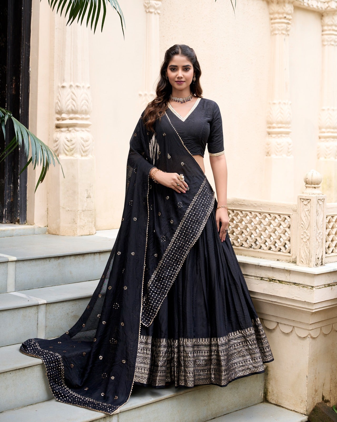 Pure Chanderi Lehenga Choli Set with Zari Border & Sequin Dupatta | Lightweight Festive Wear