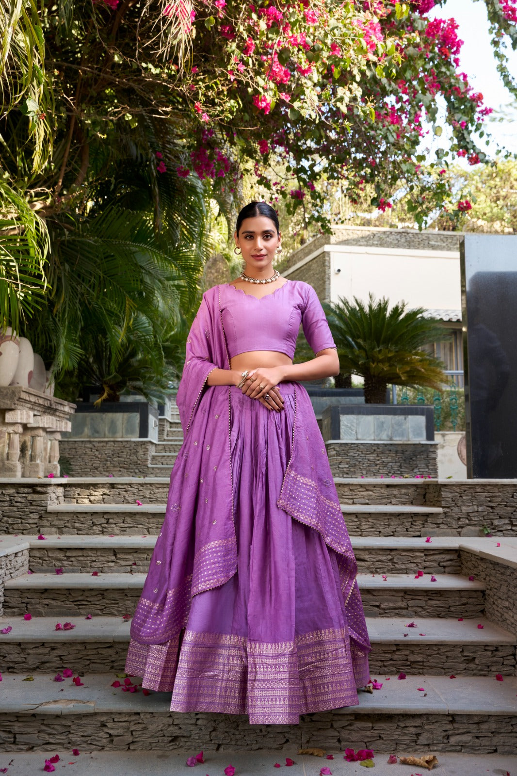 Pure Chanderi Lehenga Choli Set with Zari Border & Sequin Dupatta | Lightweight Festive Wear