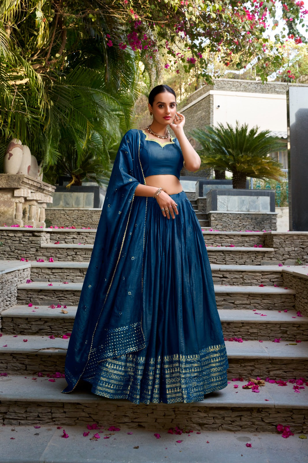 Pure Chanderi Lehenga Choli Set with Zari Border & Sequin Dupatta | Lightweight Festive Wear