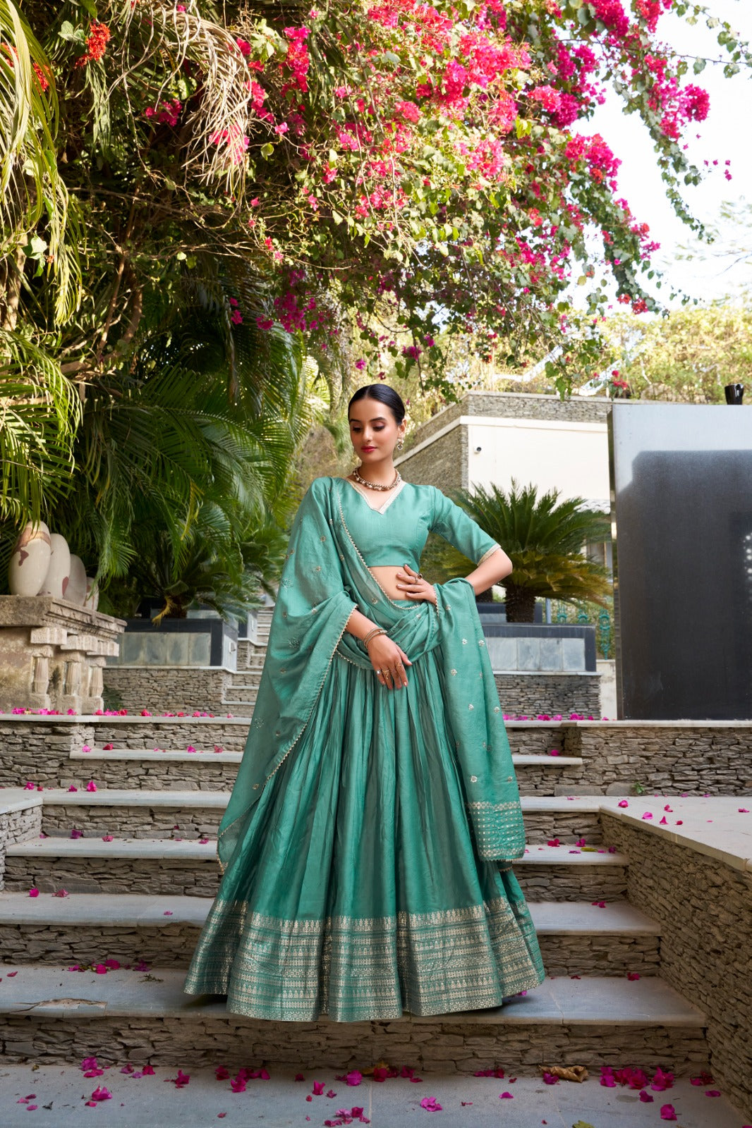 Pure Chanderi Lehenga Choli Set with Zari Border & Sequin Dupatta | Lightweight Festive Wear