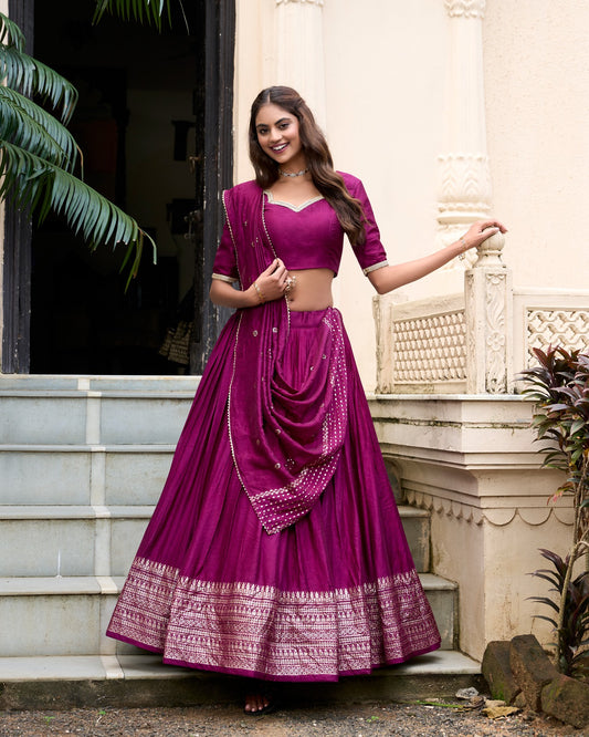 Pure Chanderi Lehenga Choli Set with Zari Border & Sequin Dupatta | Lightweight Festive Wear