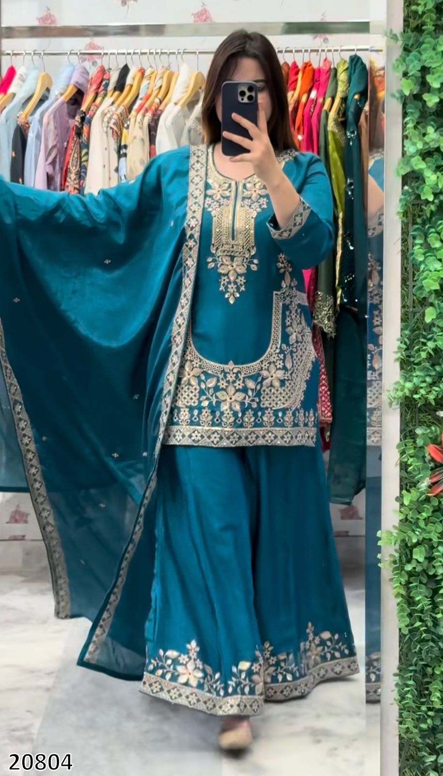 Designer Heavy Crepe Silk Top Sarara Palazzo Dupatta Set | Embroidery & Moti Work
