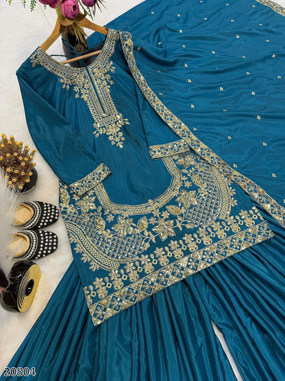 Designer Heavy Crepe Silk Top Sarara Palazzo Dupatta Set | Embroidery & Moti Work
