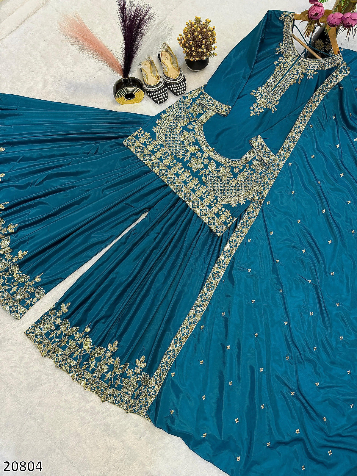 Designer Heavy Crepe Silk Top Sarara Palazzo Dupatta Set | Embroidery & Moti Work