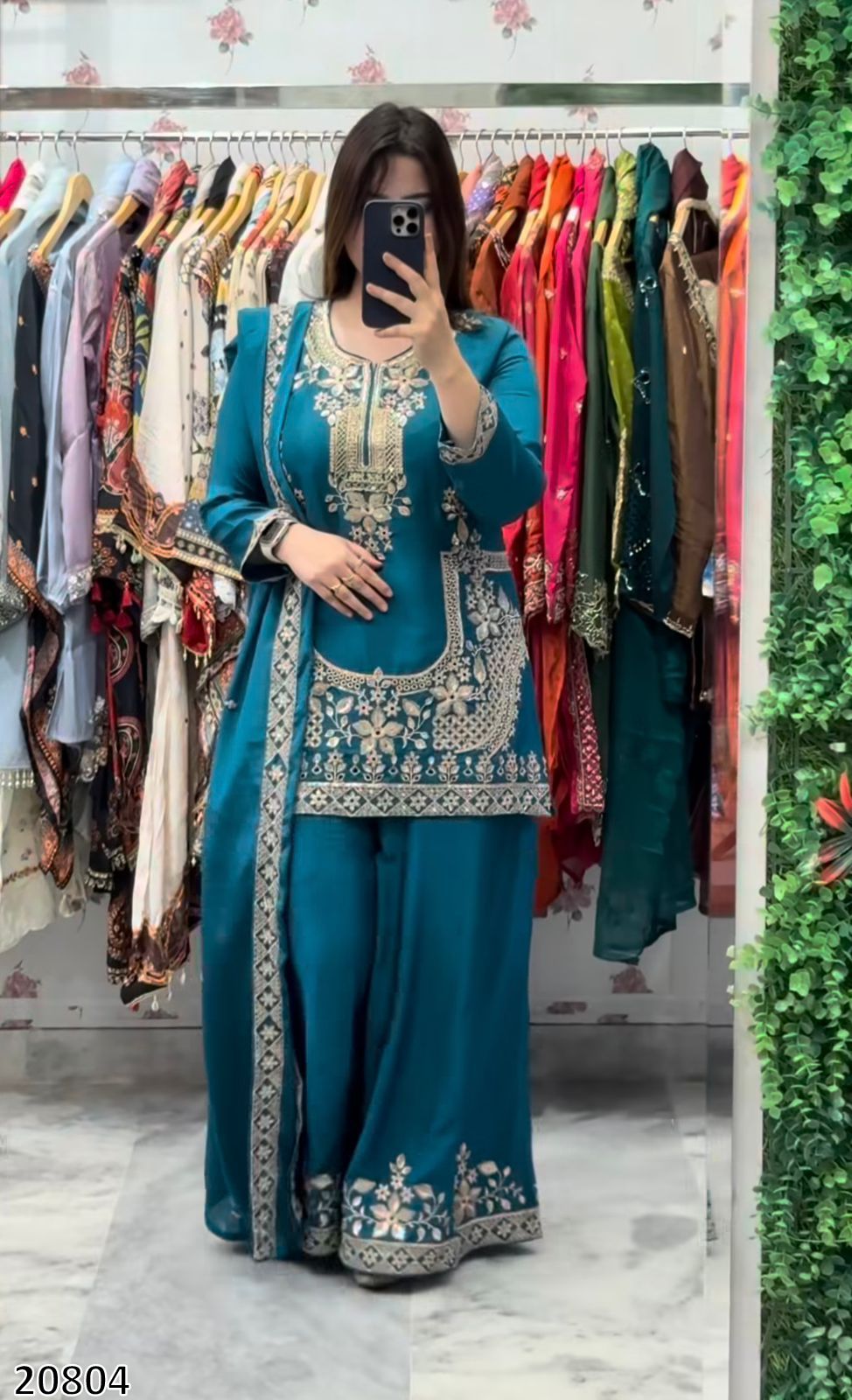Designer Heavy Crepe Silk Top Sarara Palazzo Dupatta Set | Embroidery & Moti Work