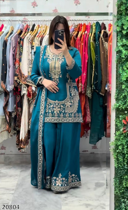 Designer Heavy Crepe Silk Top Sarara Palazzo Dupatta Set | Embroidery & Moti Work