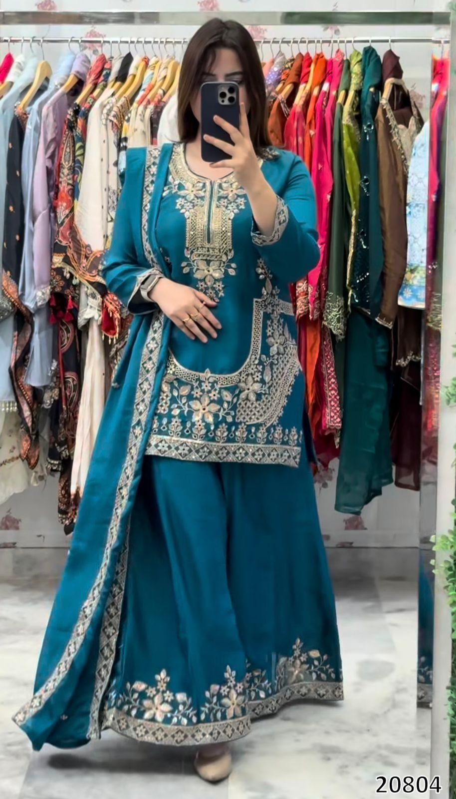 Designer Heavy Crepe Silk Top Sarara Palazzo Dupatta Set | Embroidery & Moti Work