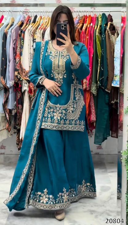 Designer Heavy Crepe Silk Top Sarara Palazzo Dupatta Set | Embroidery & Moti Work