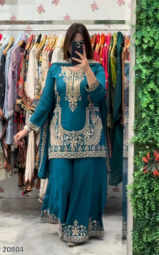 Designer Heavy Crepe Silk Top Sarara Palazzo Dupatta Set | Embroidery & Moti Work