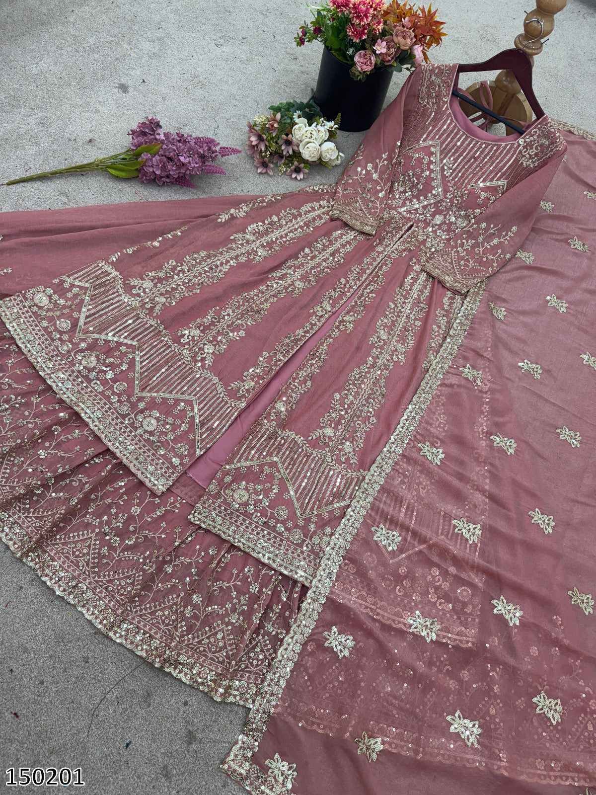 Designer Crunchy Silk Top Gharara Dupatta Set | Heavy Embroidery & Sequin Work