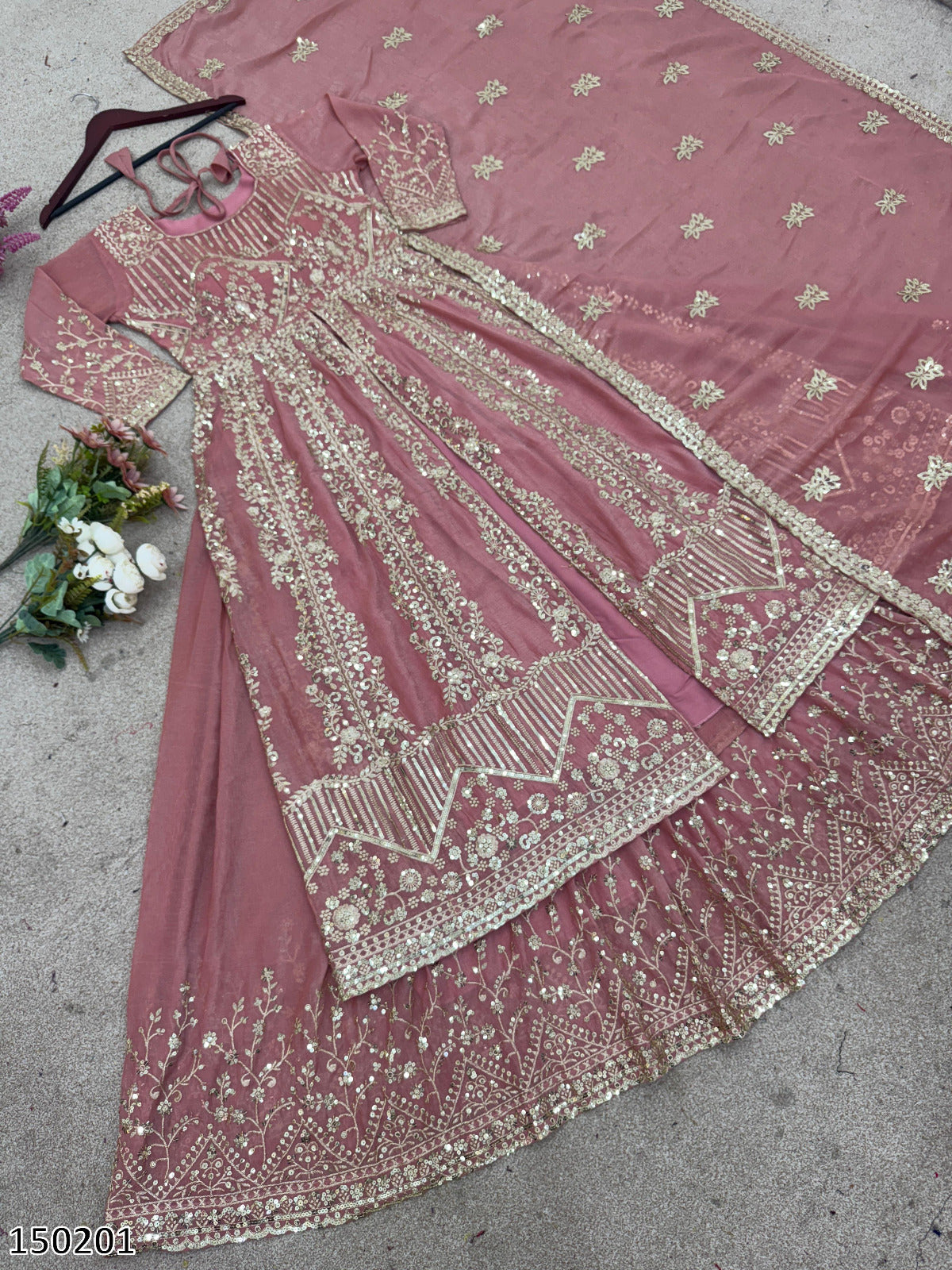 Designer Crunchy Silk Top Gharara Dupatta Set | Heavy Embroidery & Sequin Work