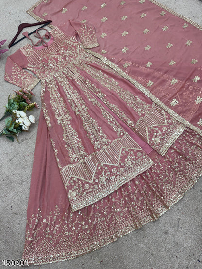 Designer Crunchy Silk Top Gharara Dupatta Set | Heavy Embroidery & Sequin Work