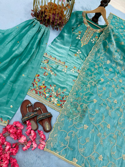 Pure GMY Silk Designer Top Plazzo & Dupatta Set with Heavy Embroidery | Premium Party Wear Ethnic Outfit