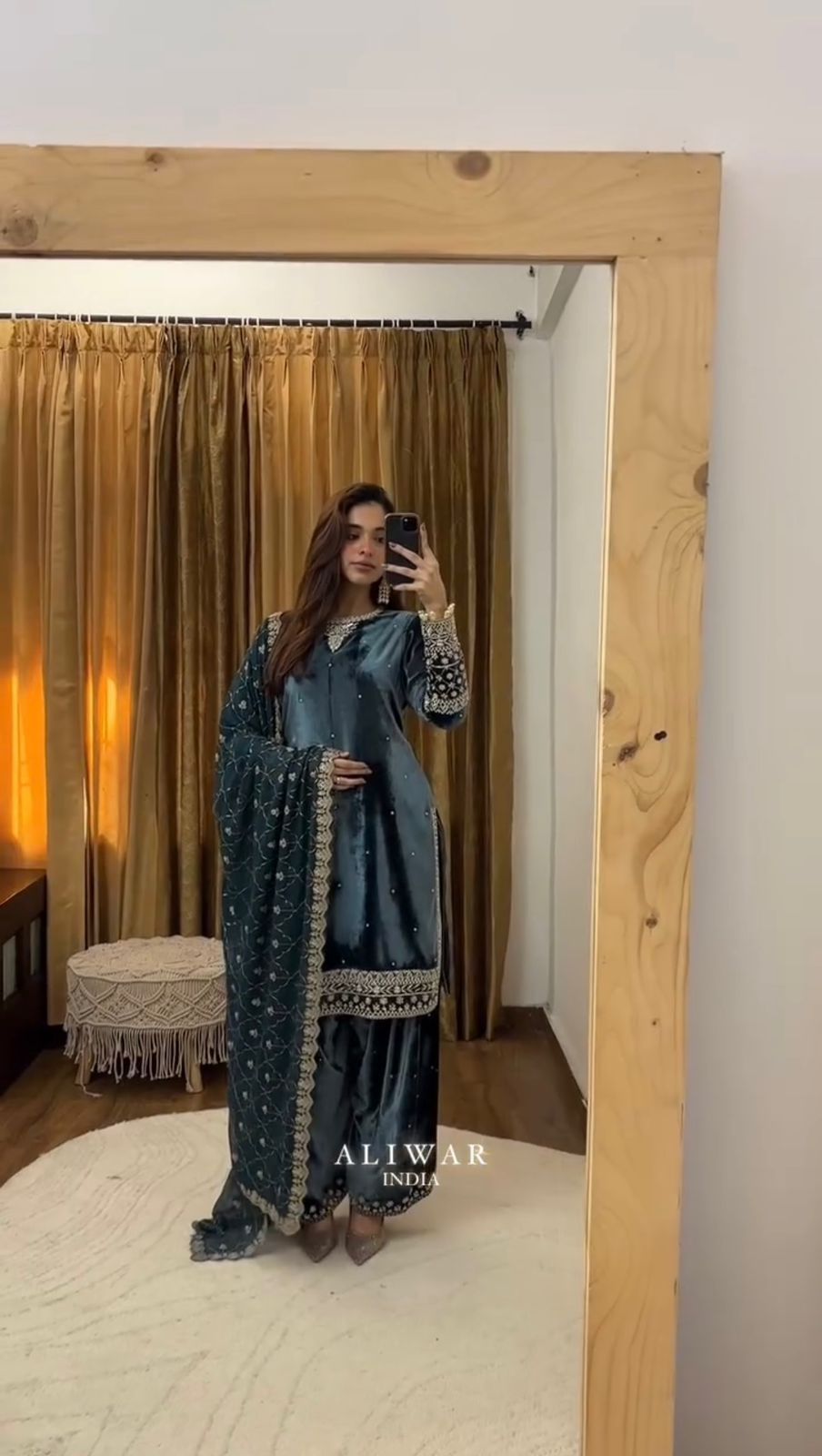 Velvet Kurta Pant Set with Sequin Embroidery & Georgette Dupatta | Winter Designer Ethnic Wear