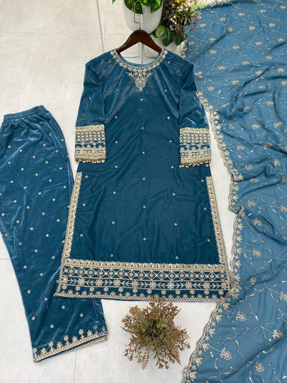 Velvet Kurta Pant Set with Sequin Embroidery & Georgette Dupatta | Winter Designer Ethnic Wear