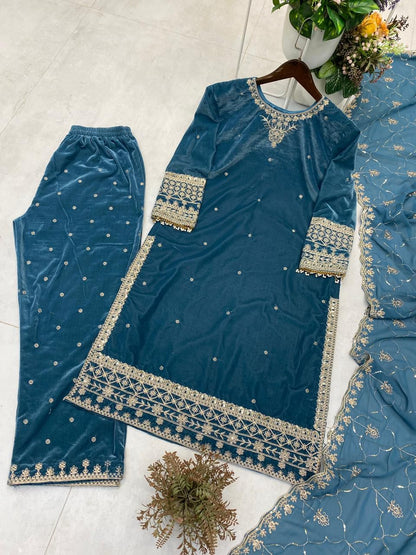 Velvet Kurta Pant Set with Sequin Embroidery & Georgette Dupatta | Winter Designer Ethnic Wear