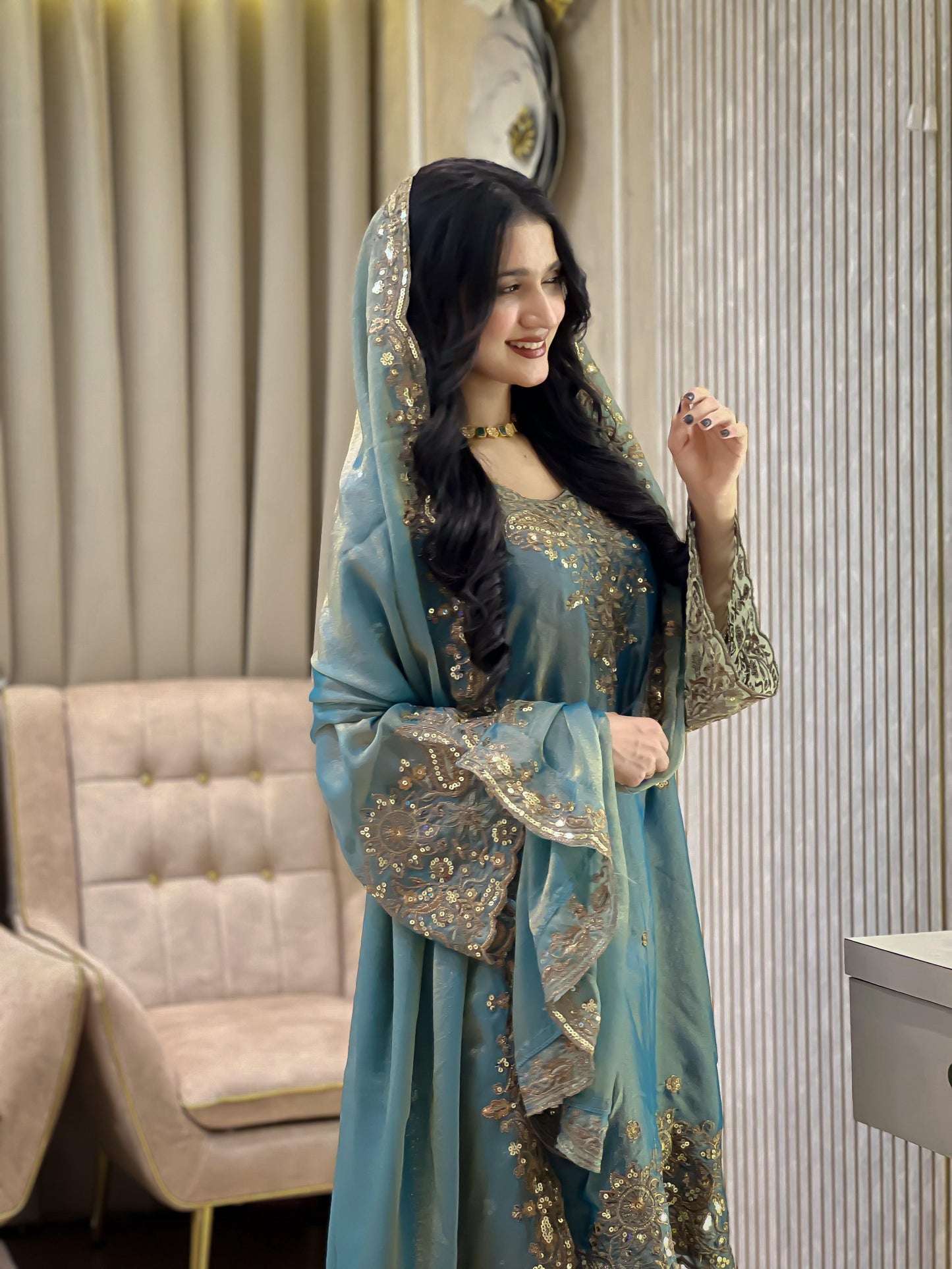 NC Moss Silk Kurti, Plazzo & Dupatta Set with Heavy Sequin & Zari Embroidery